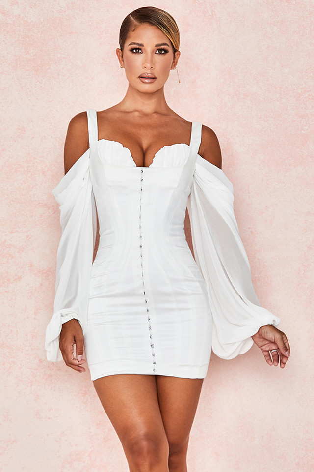 'Eva' White Corset Dress with Blouson Sleeves